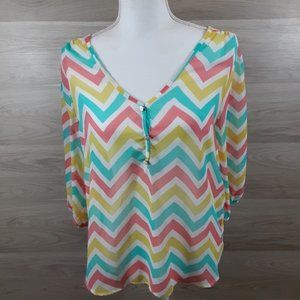 Yetts Los Angeles Colorful Sheer V Neck Blouse